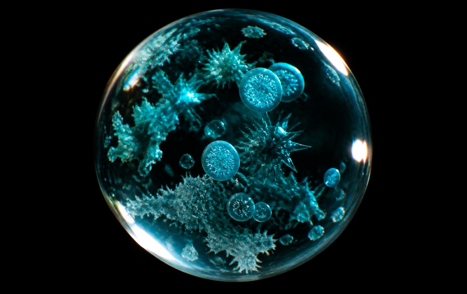 Floating sphere of liquid in microgravity containing luminous cell cultures and protein crystals