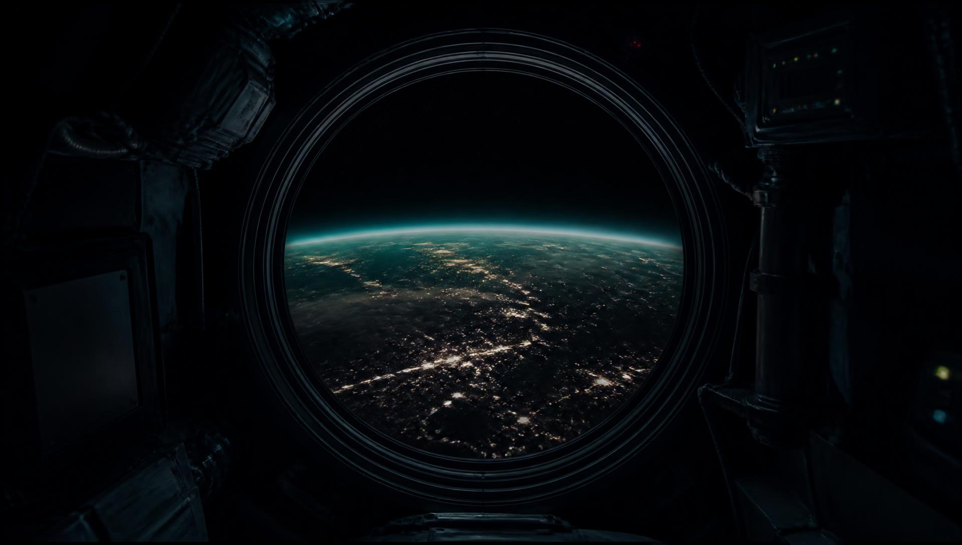 View of Earth's illuminated night side through the window of an orbital laboratory module