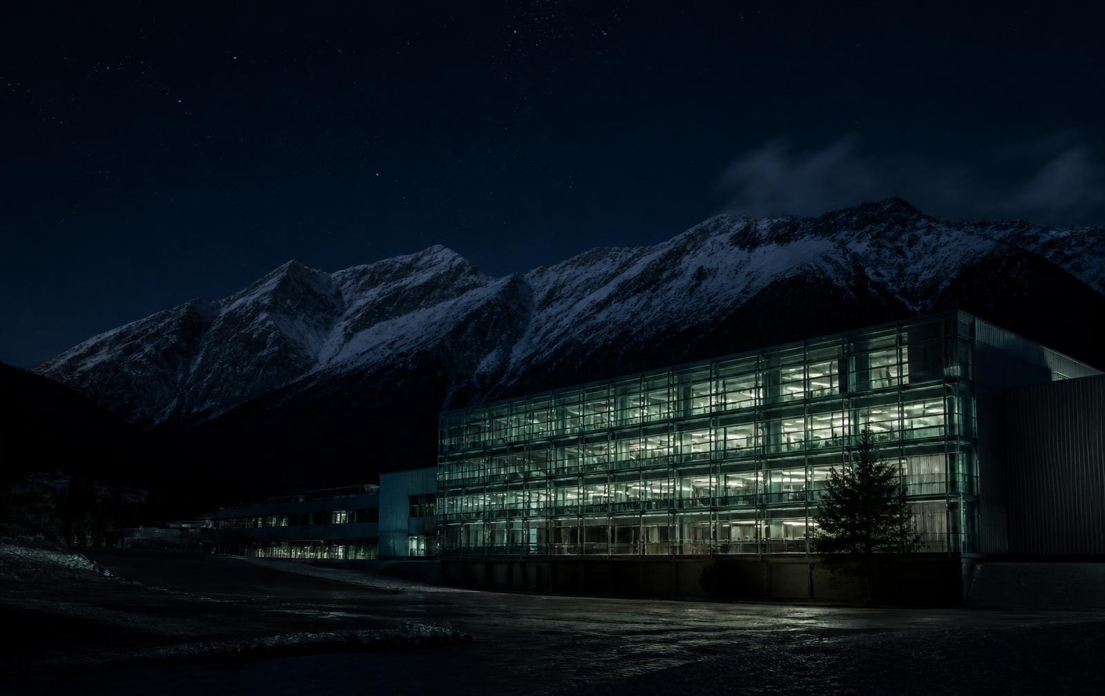 Modern Swiss deep-tech research campus lit at night beneath alpine mountains