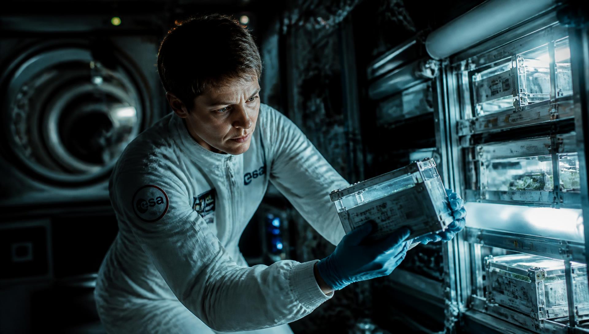 Researcher handling a sealed bioreactor cassette inside an orbital laboratory module