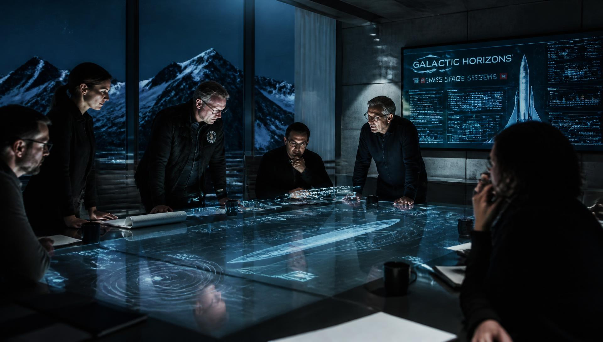 Scientists and engineers reviewing an orbital mission plan around an illuminated table in a Swiss facility at night