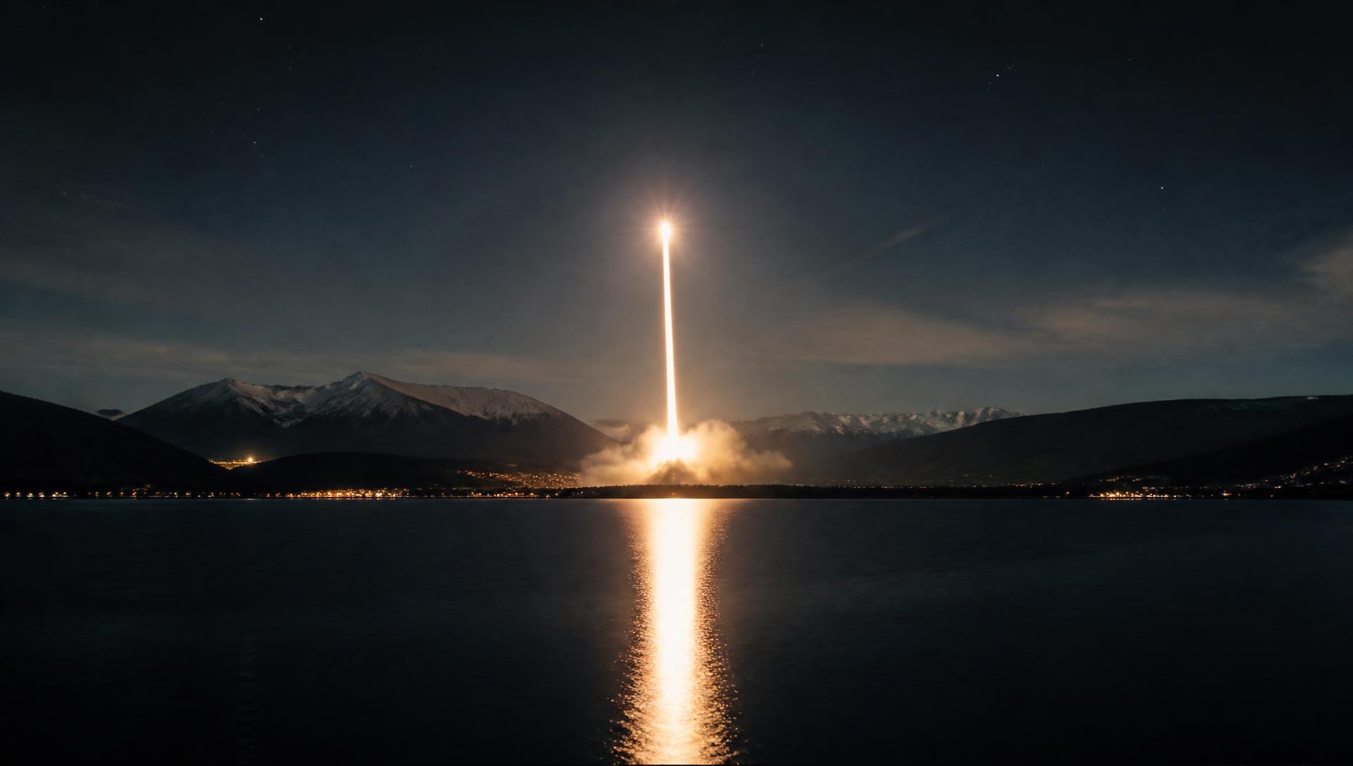 Night launch of a rocket carrying a life-science payload seen across a dark alpine lake