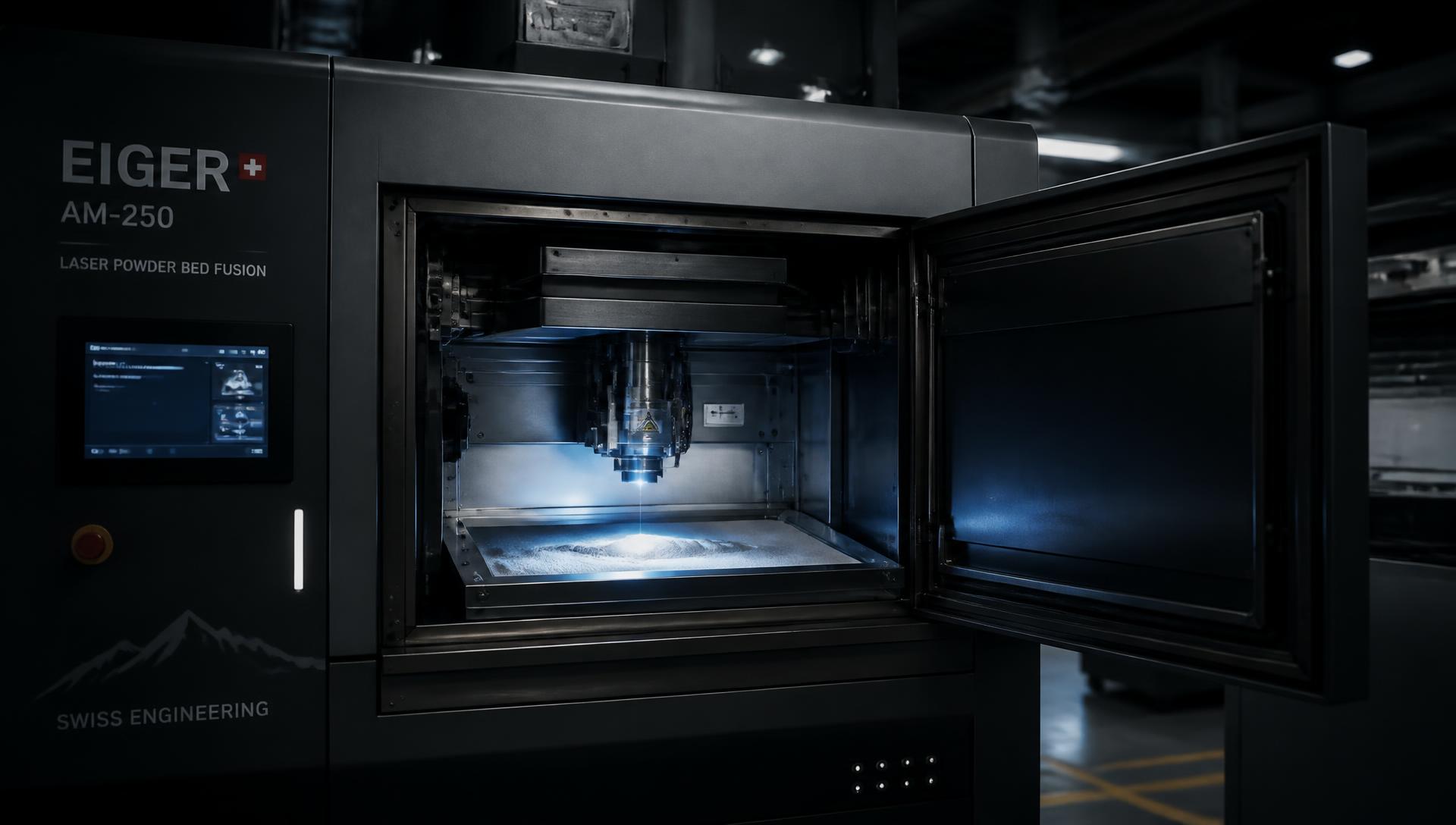 Industrial laser powder bed fusion metal printer with an open build chamber and glowing titanium powder bed