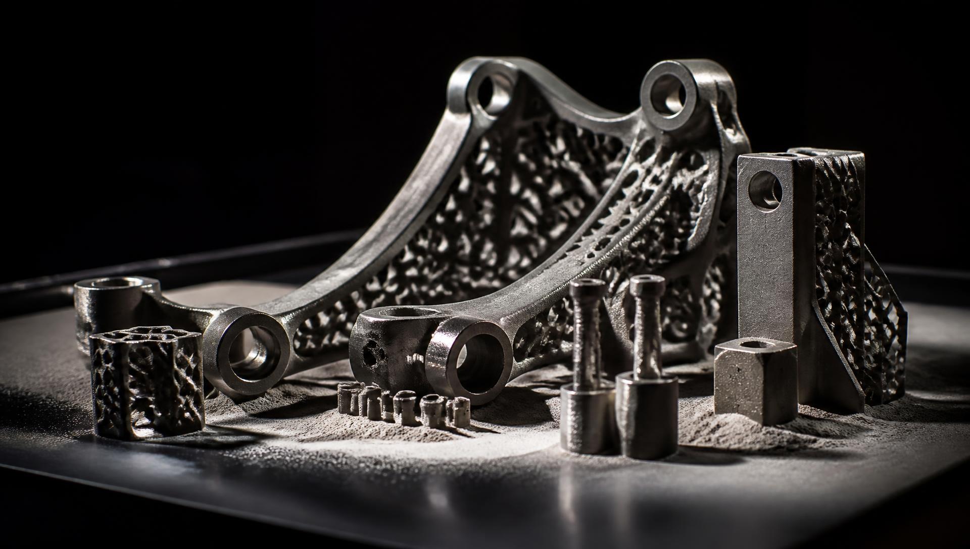 Freshly printed titanium lattice brackets and additively manufactured metal parts on a dark workbench