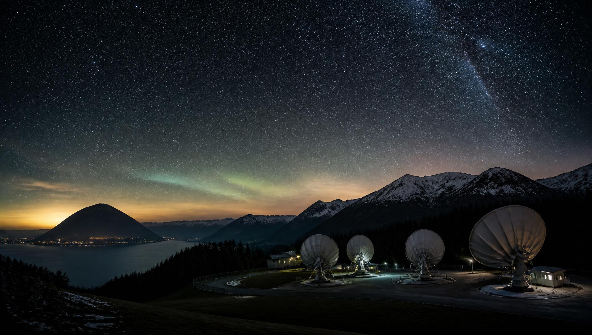 Satellite ground-station dish array under a star-dense night sky above alpine mountains