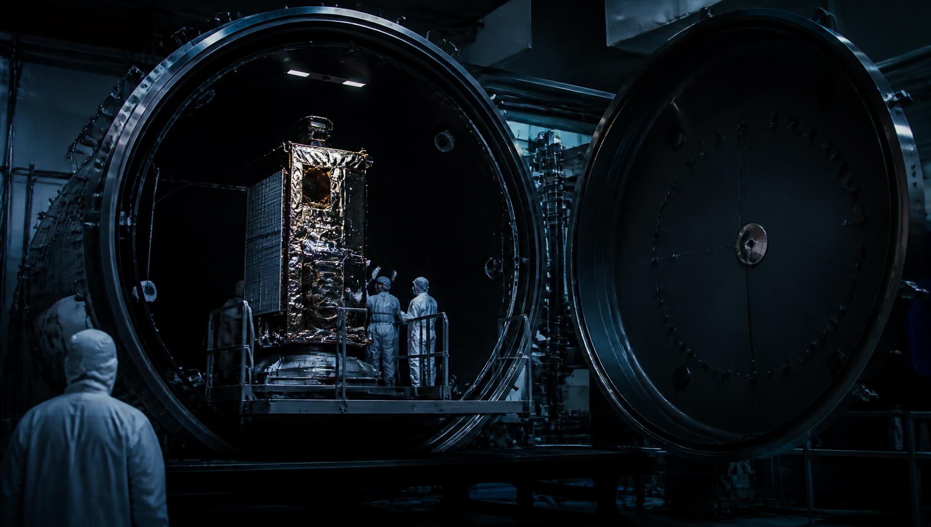 Large thermal vacuum chamber with a satellite inside and engineers in cleanroom suits alongside