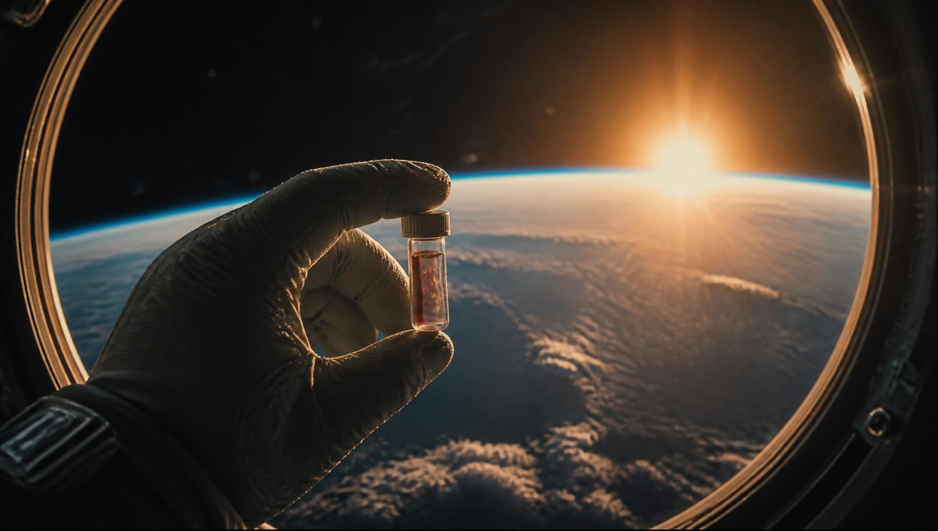 Gloved hand holding a sealed vial of cell culture against the Earth limb seen from an orbital cupola window
